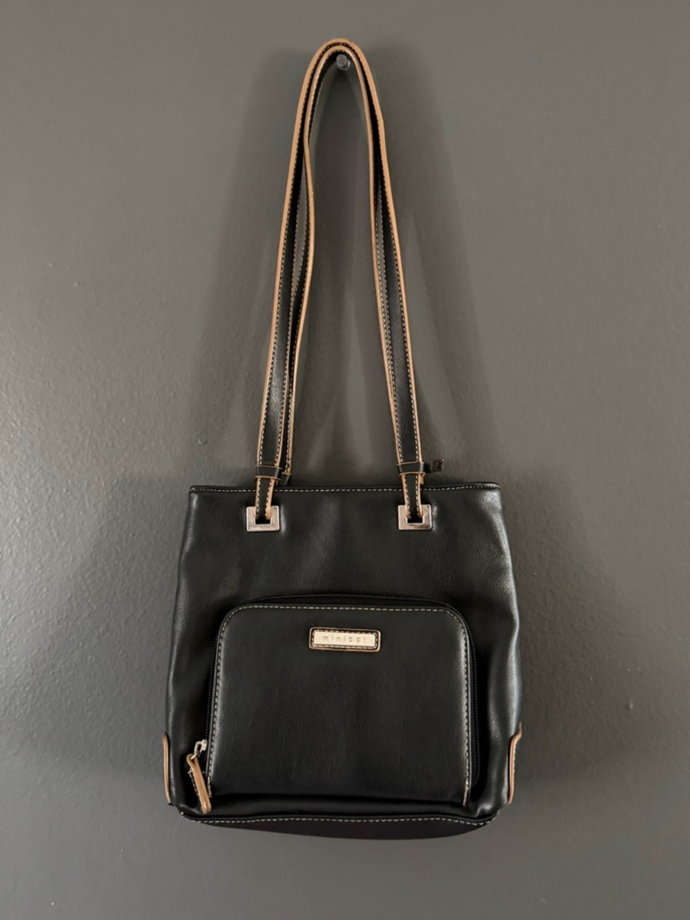 Minicci leather Black Shoulder Bag with Tan Trim
